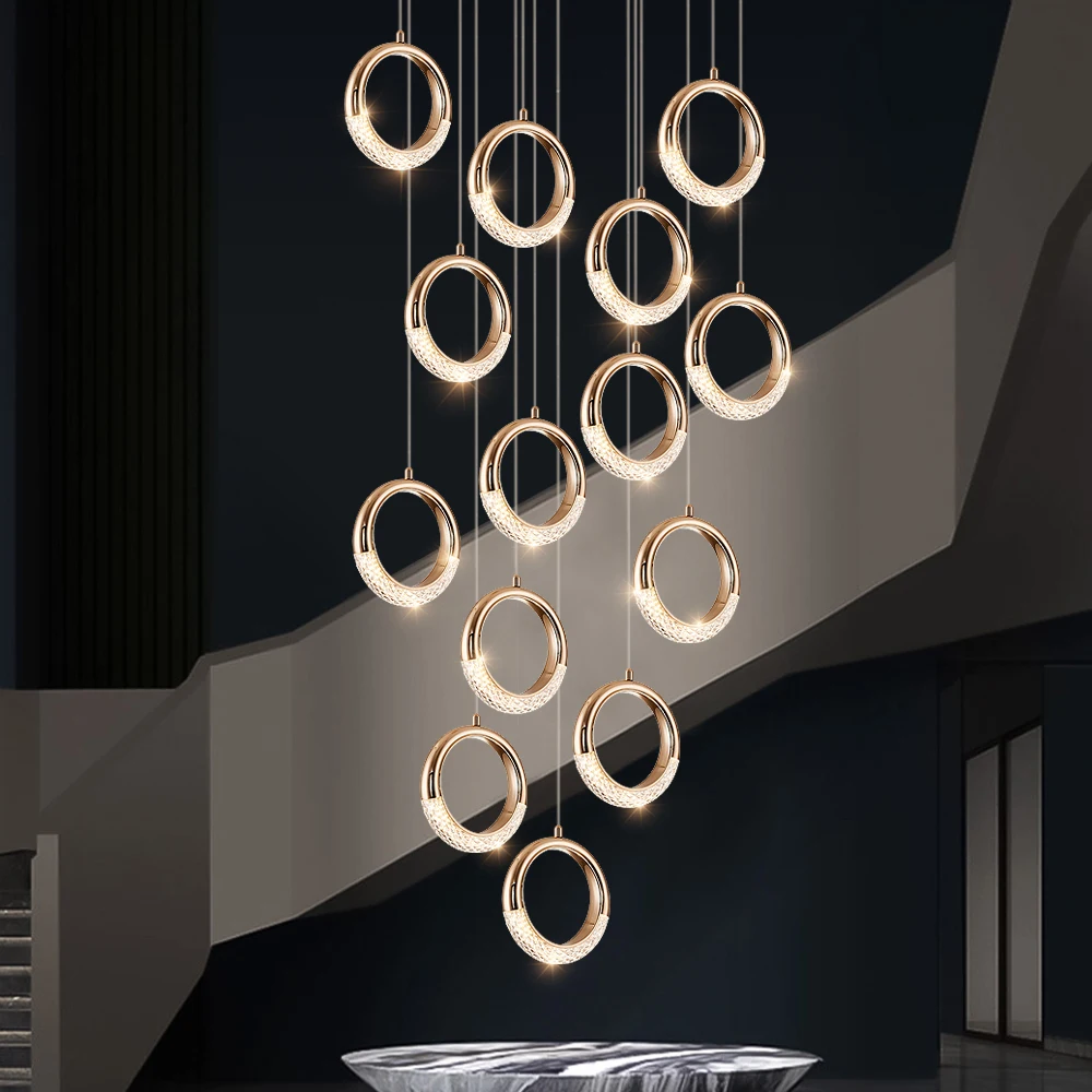 

Ring design led chandelier for staircase modern living room decor lamp long hang light fixture large home decor cristal lustre