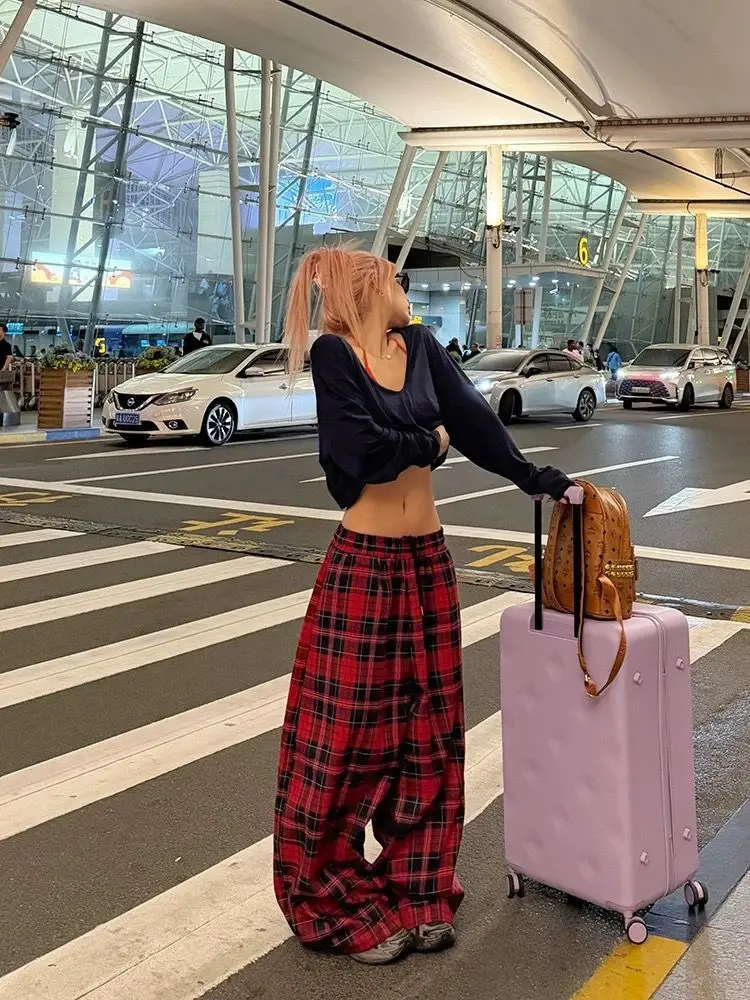 Women's Retro Red Checkered Casual Sweatpants Summer Sweet Girl High Waisted Pants Bottoms Female Wide-leg Hip Hop Trousers