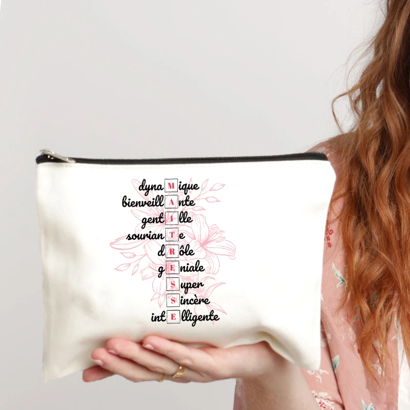 Teacher Theme Women Makeup Bag Maitresse Inspired Cosmetic Case with French Style Design Educational Motif Wallet Work or School