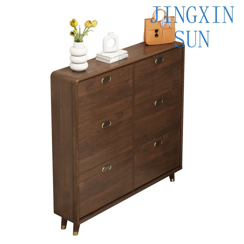 Ultra-thin shoe cabinet tipping bucket foyer household entrance solid wood frame against the wall New Chinese style