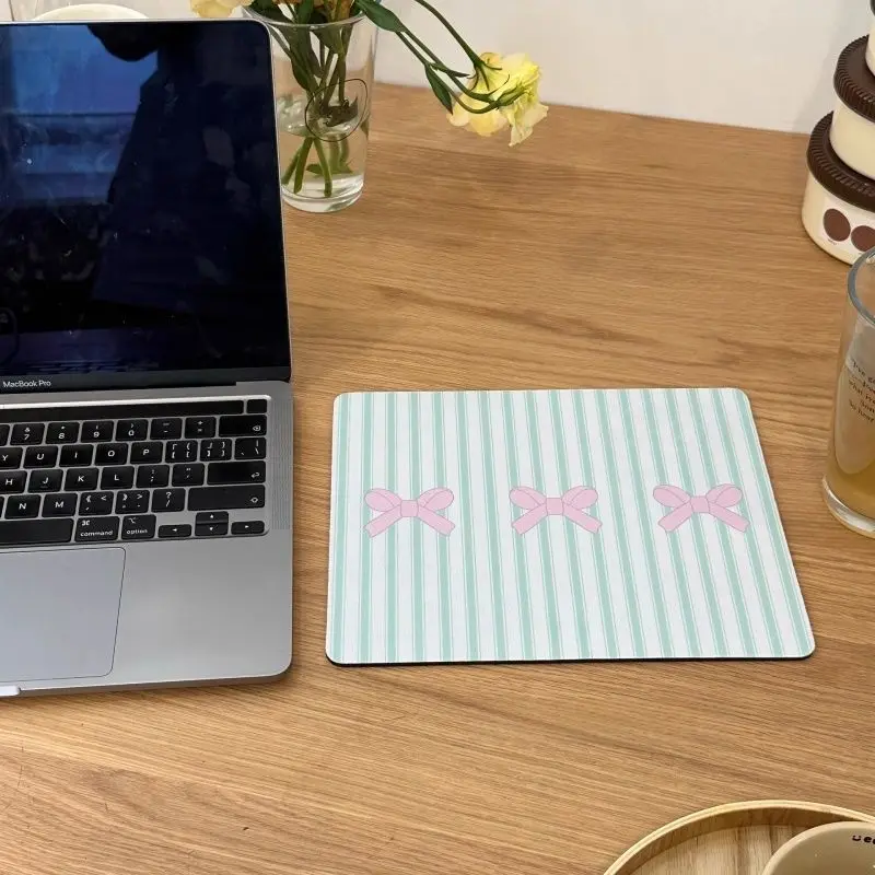 Korean Ins Green Stripe Pink Bow Leather Desk Pad Protector Non-Slip Small Mouse Pad Home &Office Pc PU Leather Laptop Mouse Mat