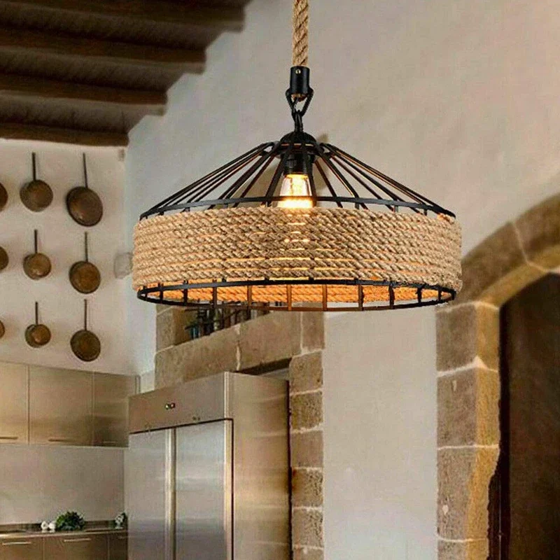 E27 Hemp Rope Hanging Lamp Vintage Pendant Ceiling Light Retro Antique Industrial Adjustable Chandelier Kitchen Light Fixture