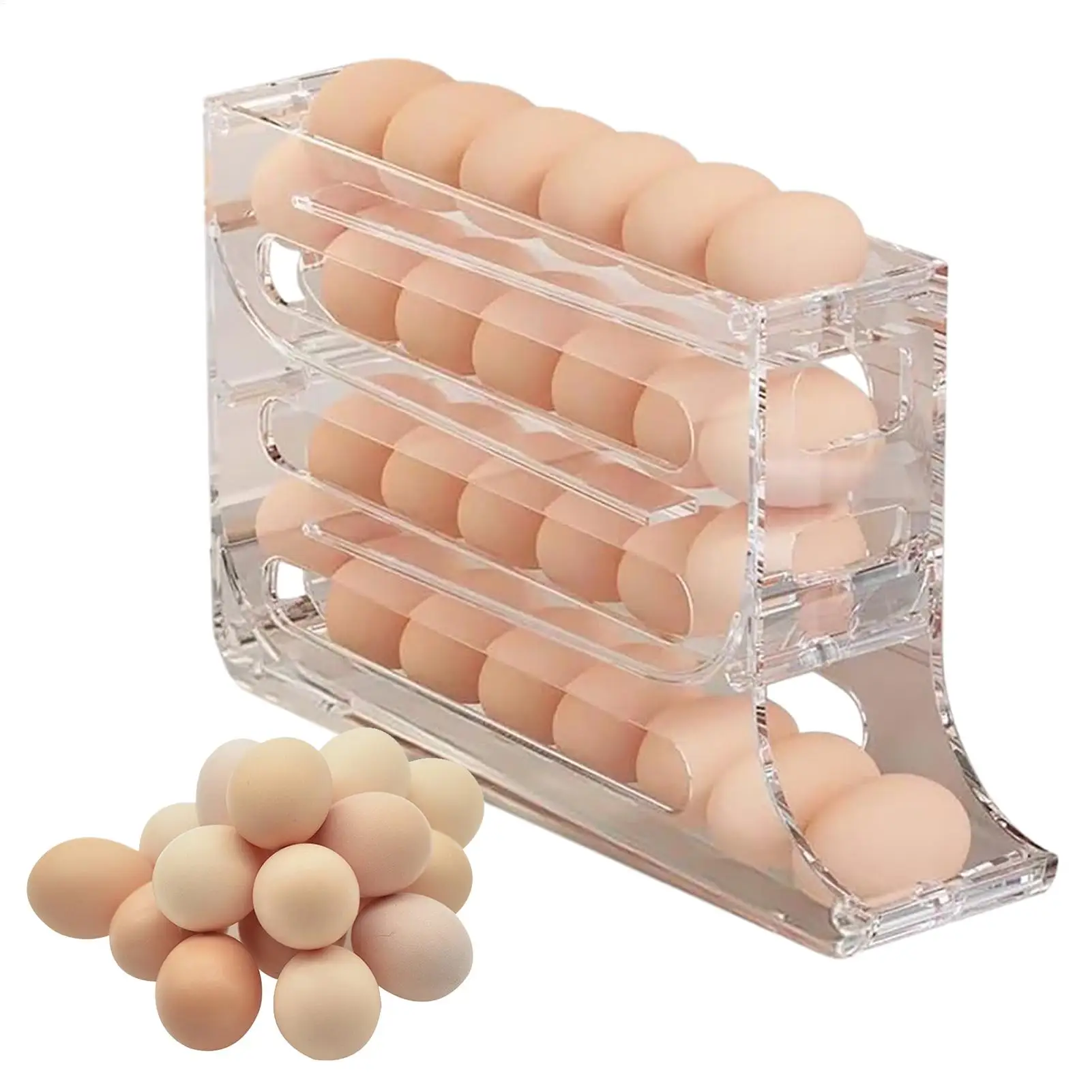 Egg Rack for Refrigerator Auto Rolling 4-Layer Fridge Egg Dispenser Countertop Cabinets 30 Eggs Organizer Space-Saving for