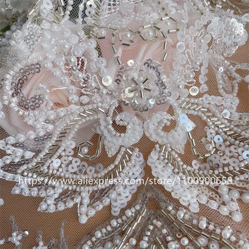 Embroidered Lace Fabric for Wedding Dress, 3D Flowers Beaded Sequins, Pearl Tube, Senior Shining Bride Fabric, RS4076