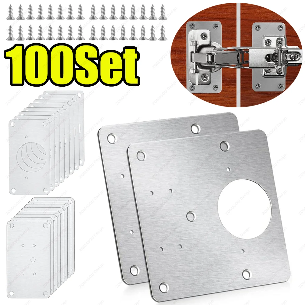 2-100Set Cabinet Hinge Repair Kit Stainless Steel Repair Brackets Kit Hinge Fixing Plates for Kitchen Cupboard Locker Doors