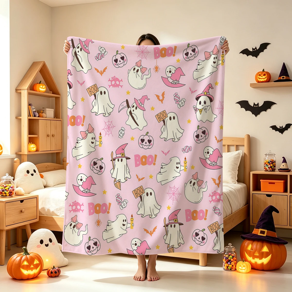 1pc Pink Halloween Cartoon Ghost Flannel Throw Blanket, Nap Blanket Shawl Blanket Boo Candy Print Cozy Cover for Home Party