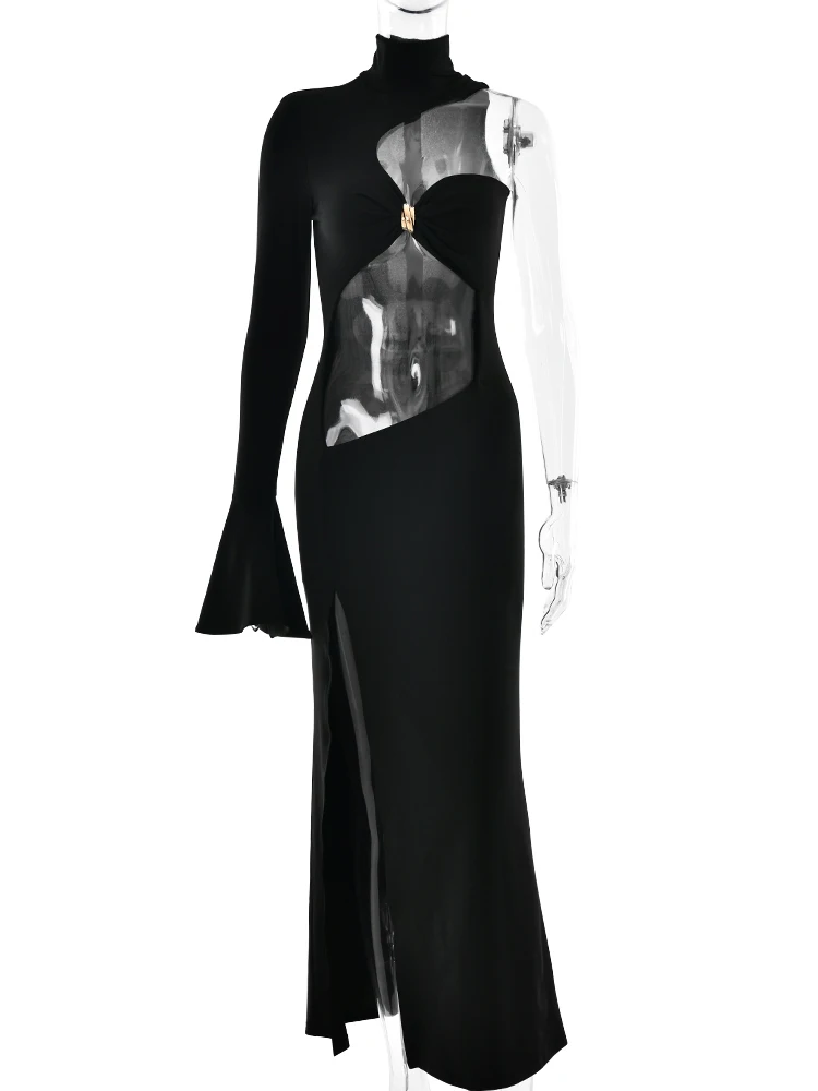 Sibybo uma manga gola alta sexy maxi vestido feminino elegante oco para fora lado alta divisão bodycon pacote hip vestidos de festa
