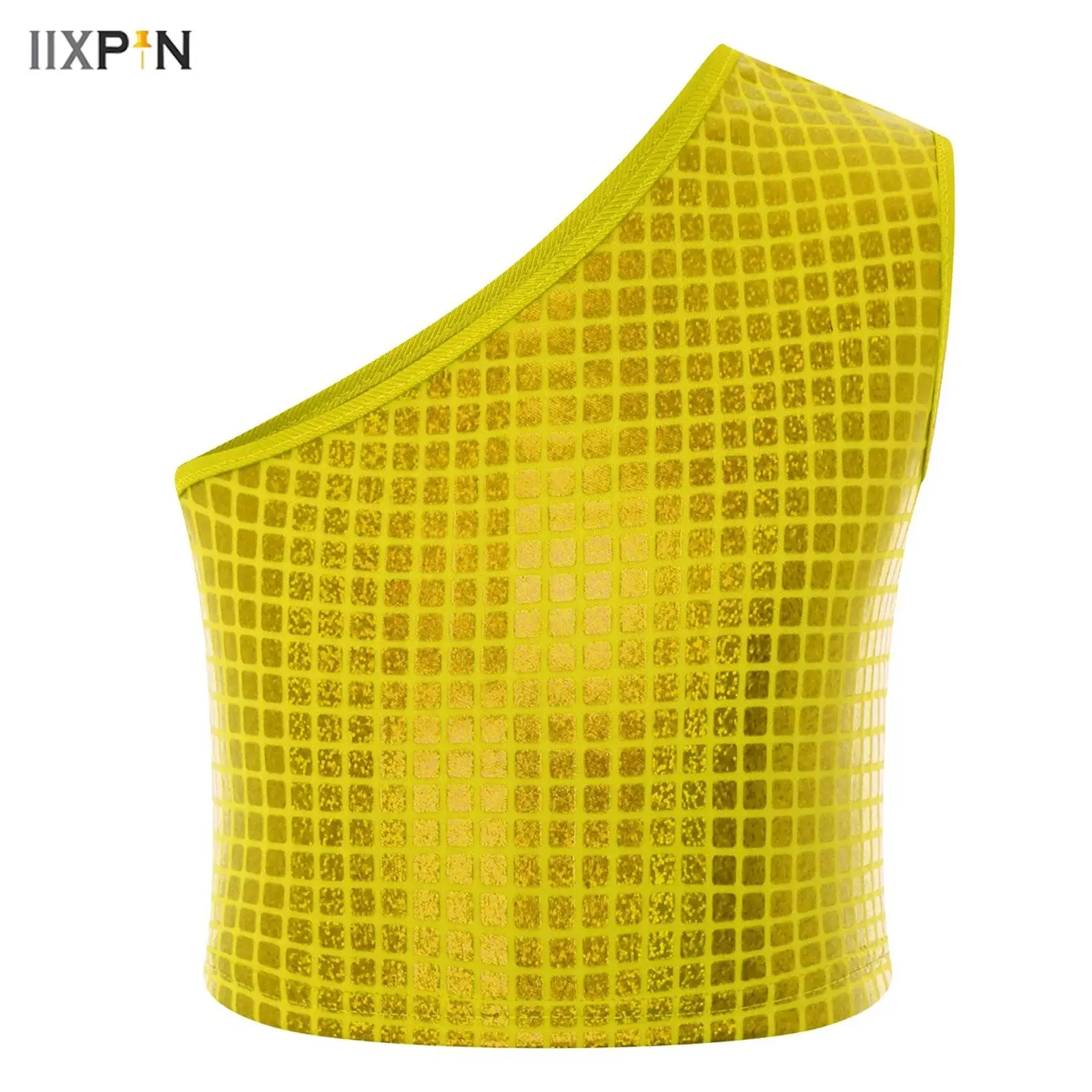 

Kids Girls Jazz Dance Top One Shoulder Sleeveless Metallic Plaid Vest Crop Top Dancewear Hip-hop Latin Stage Performance Costume