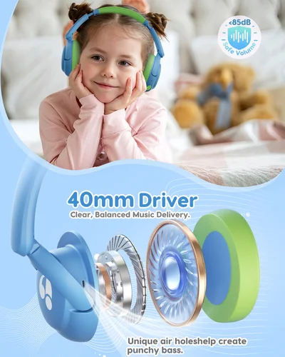 Imagen 2 del producto Awatrue-auriculares Bluetooth 5,4 para niños, cascos supraaurales inalámbricos ligeros con volumen seguro de 85dBA para IPad/reproductor YOTO/tableta/escuela