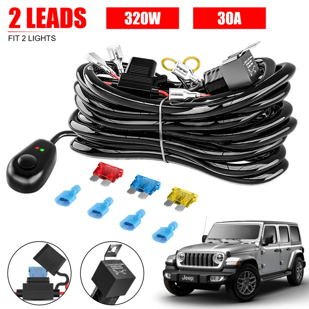 

320W Universal LED Light Bar Wiring Harness Kit 18AWG with 12V 30A Relay On Off Switch for Off Road Truck SUV ATV UTV Boat