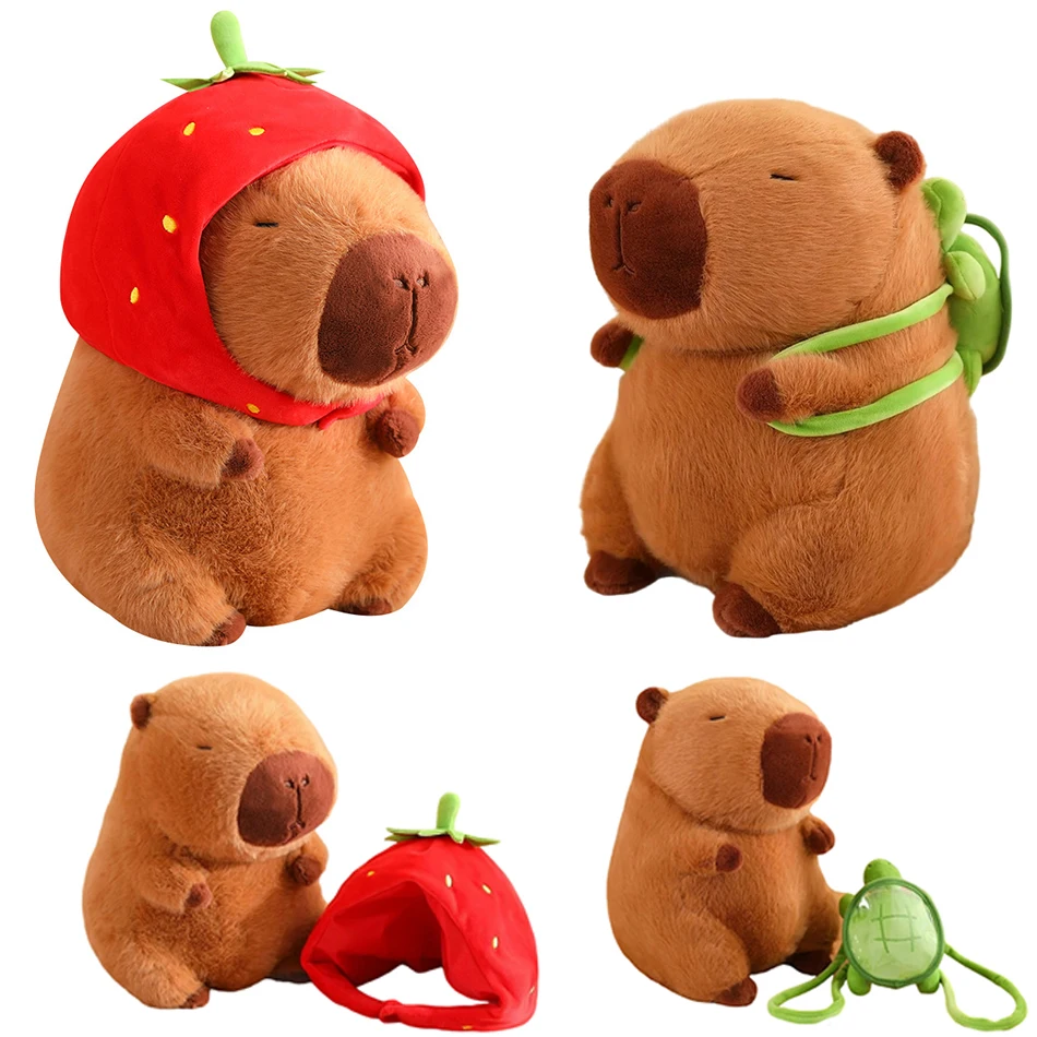 Cute Capybara Plush Toy Kawaii Fluffy Capybara With Turtle Bag Strawberry Cap Stuffed Animals Kids Gift Home Decoration