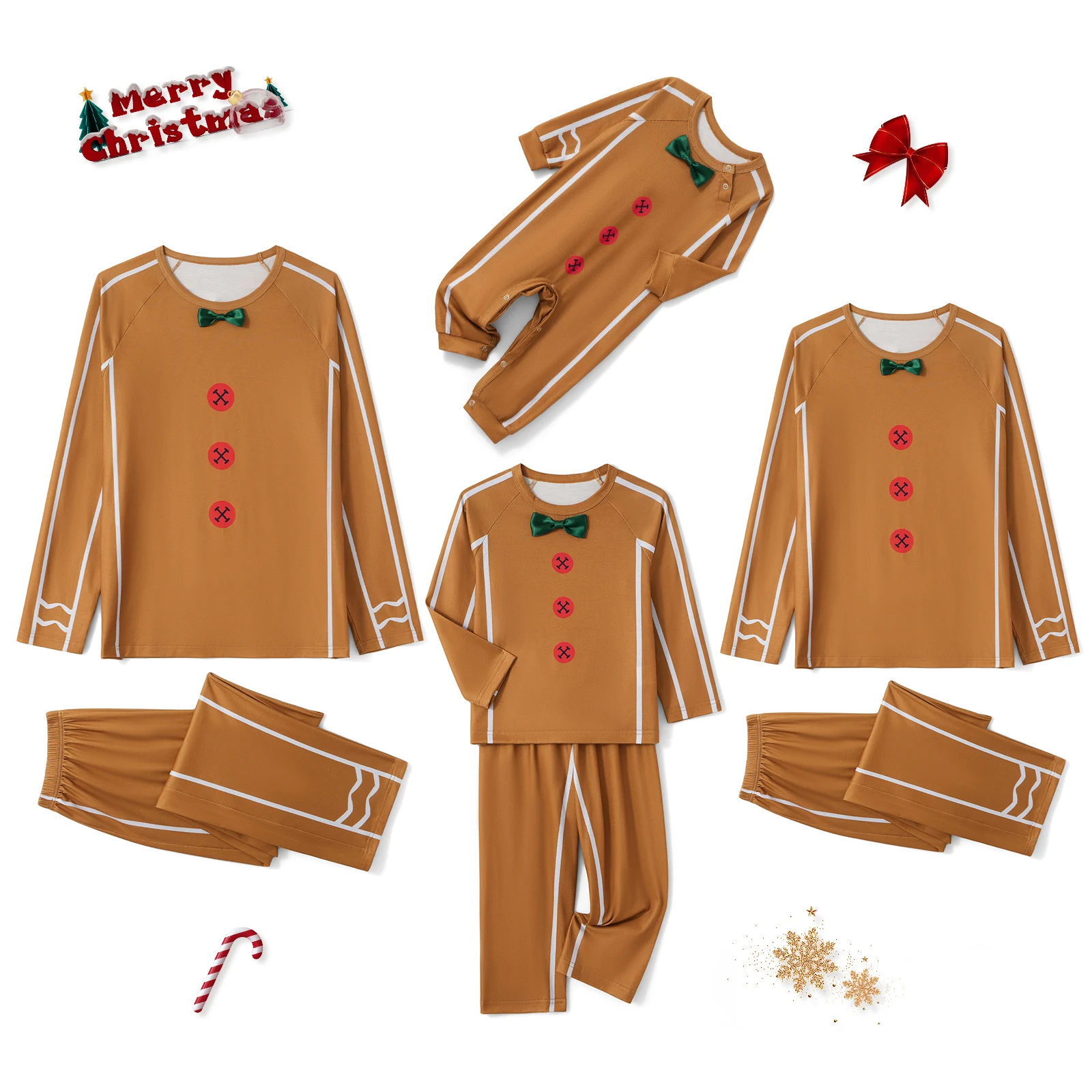 Family Matching Christmas Pajamas Baby Romper Gingerbread Man Bow Decor Print Tops and Pants Sleepwear Set 2024