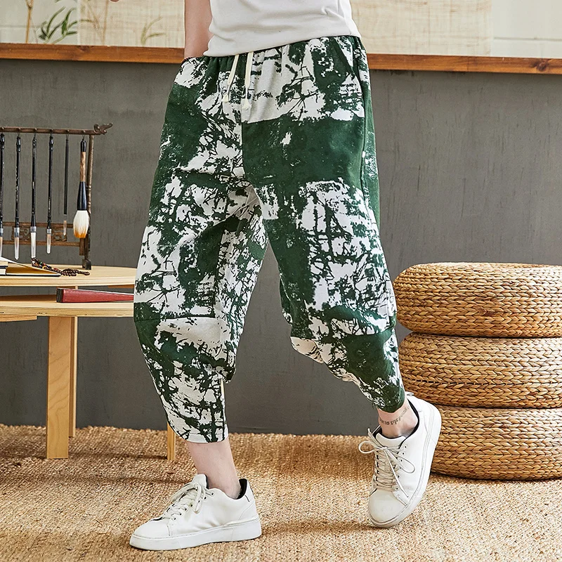 

Casual 2024 Summer Men's Linen Cropped Pants Thin Capri Trouser Hip Hop Streetwear Joggers Plus Size M-5XL Wide-Leg Harem Shorts