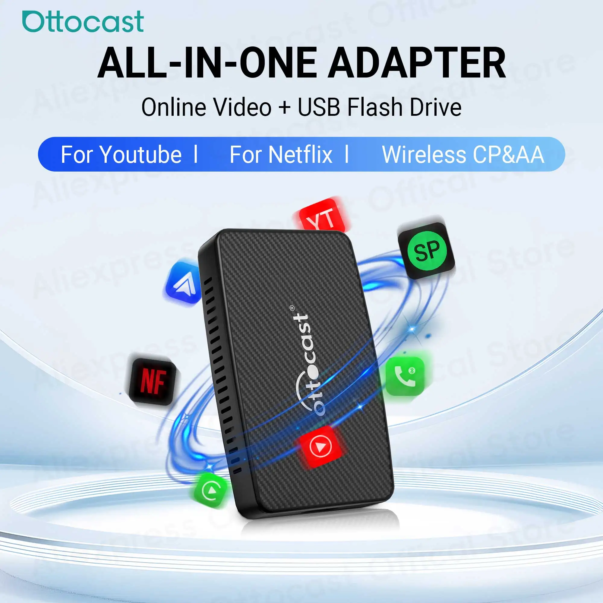 OTTOCAST Play2Video Wireless Android Auto CarPlay Adapter for Youtube Netflix Video Player TV Box Spotify Car Accessories