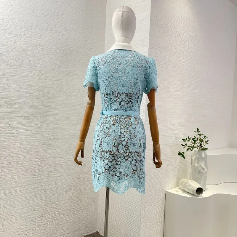 Tailored Lace Turn Down Collar Blue White Contrasting Colors New Fashion 2024 Elegant Mini Dresses for Women