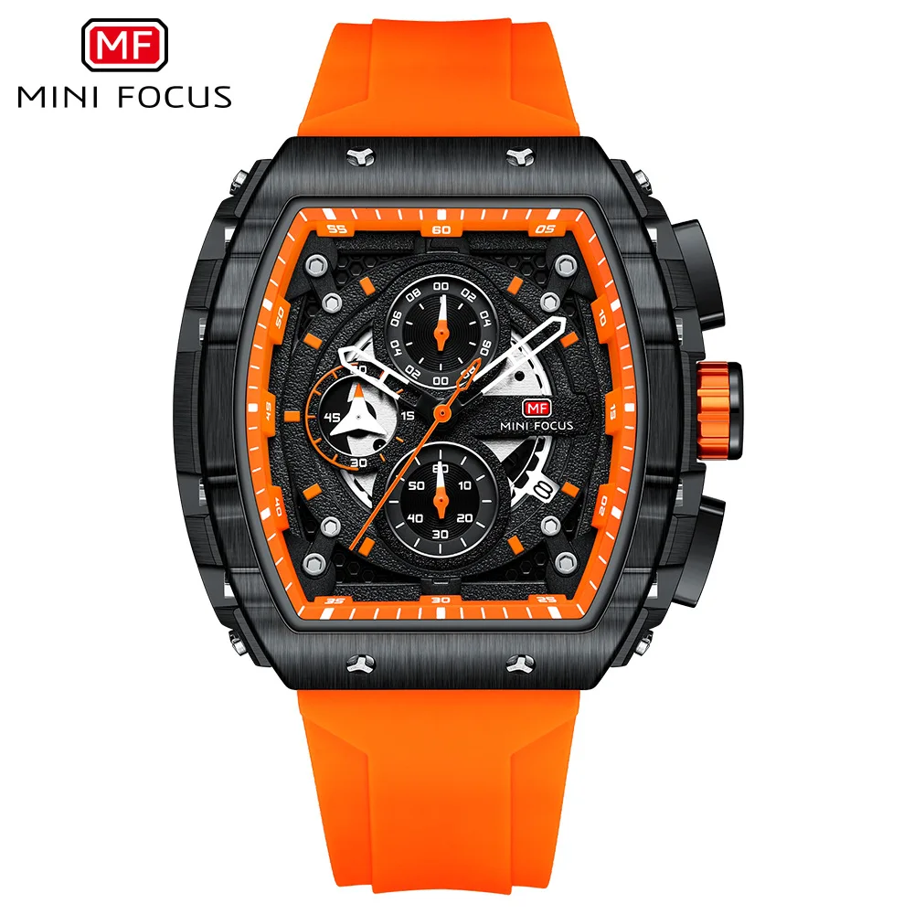 MINI FOCUS 0399G Men Quartz Watch Creative Unique Outdoors Sports Chronograph Date Silicone Strap Barrel Shape Male Watches