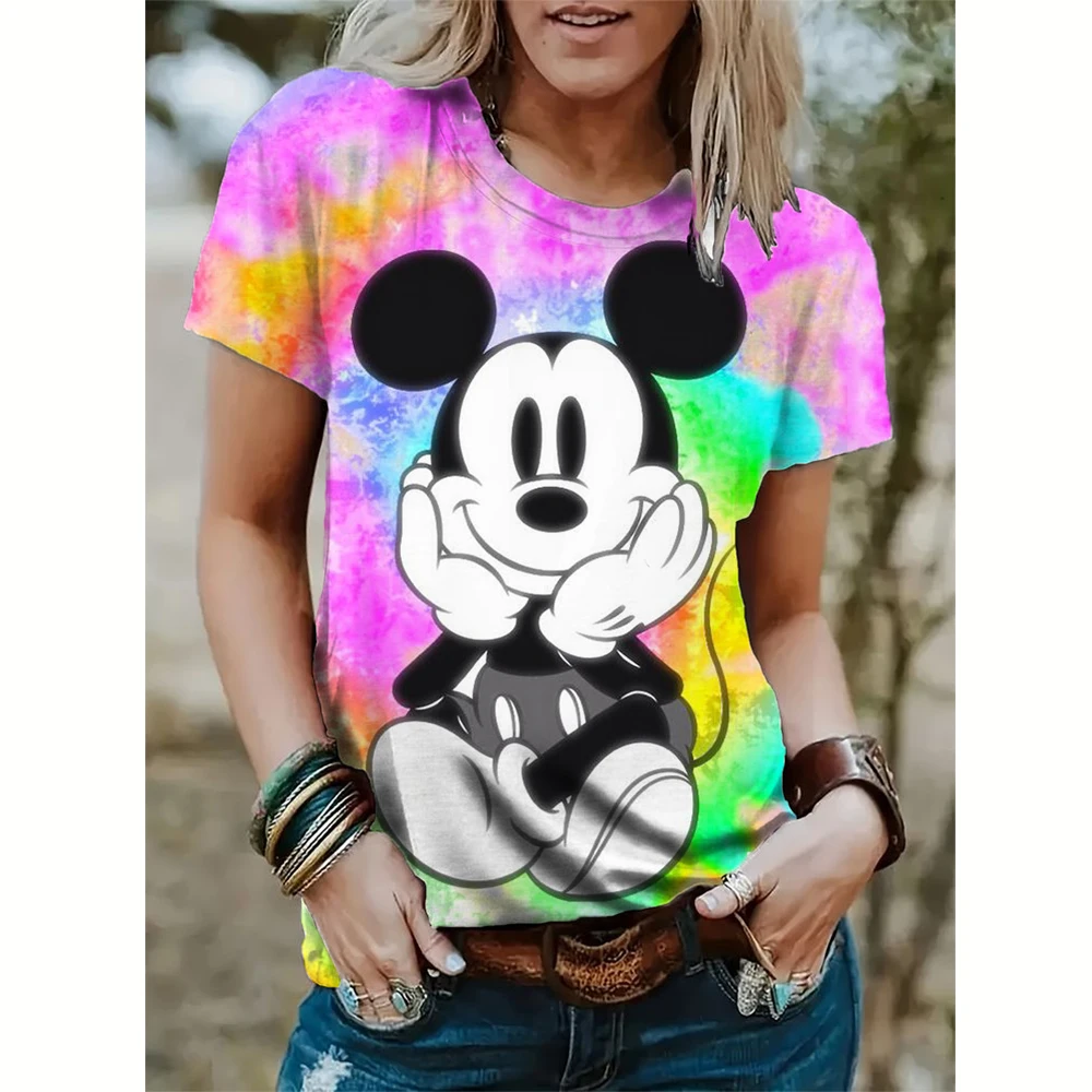 Camiseta con estampado de Mickey Mouse para mujer, camisa de verano para hombre, blusas de moda para mujer, Tops femeninos de Minnie de dibujos animados, ropa Kawaii 2024
