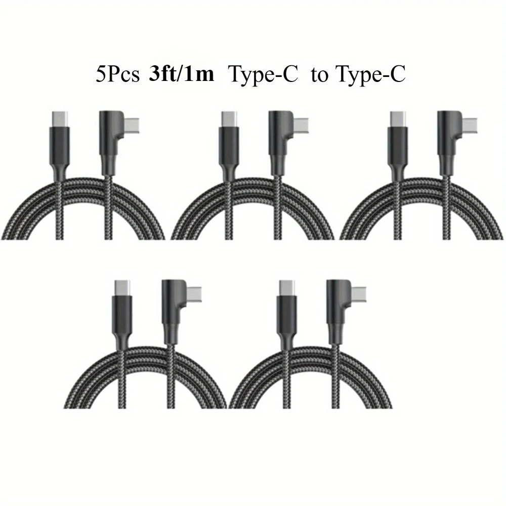 5 قطع كابل شحن من النايلون المضفر بطول 3 أقدام/1 متر، كابل زاوية قائمة 60 وات من النوع C إلى النوع C، كابل بيانات شحن سريع متين 90 درجة