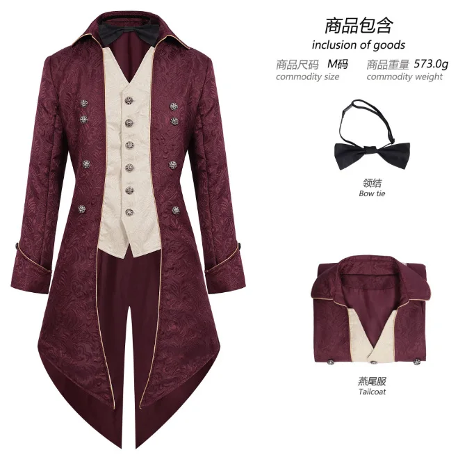 New Christmas Medieval Retro Tailcoat Men Mid Length Punk Coat with Bow Tie Xmas Party Stage Cosplay Costume