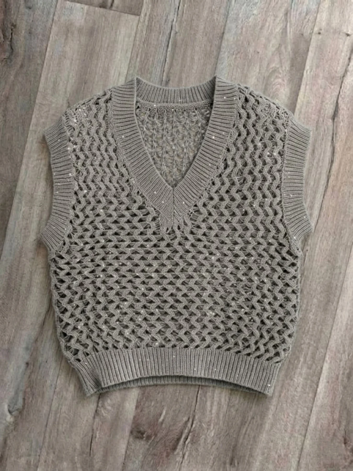Lazy Style Crochet Mesh Knit Vest Women's Glitter V Neck Sleeveless Waistcoat Versatile Cropped Top