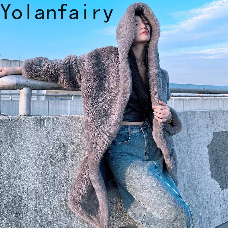 

New Hooded Natural Fur Coat Women Clothing Winter High Street Real Fur Coats Long Leather Fur Jacket Two Sides Wear Veste Femme