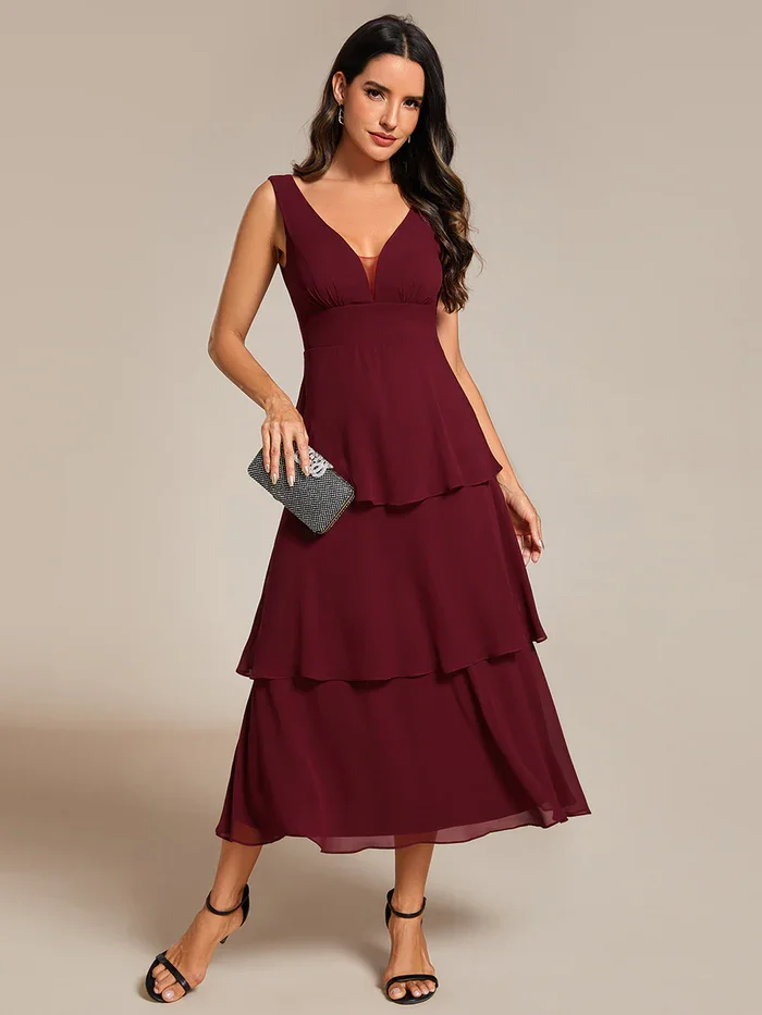 

Ever Pretty Spaghetti Strap Tiered Ruffle Hem Midi Length Wedding Guest Dress Sleeveless V-Neck Chiffon Wedding Guest Dress