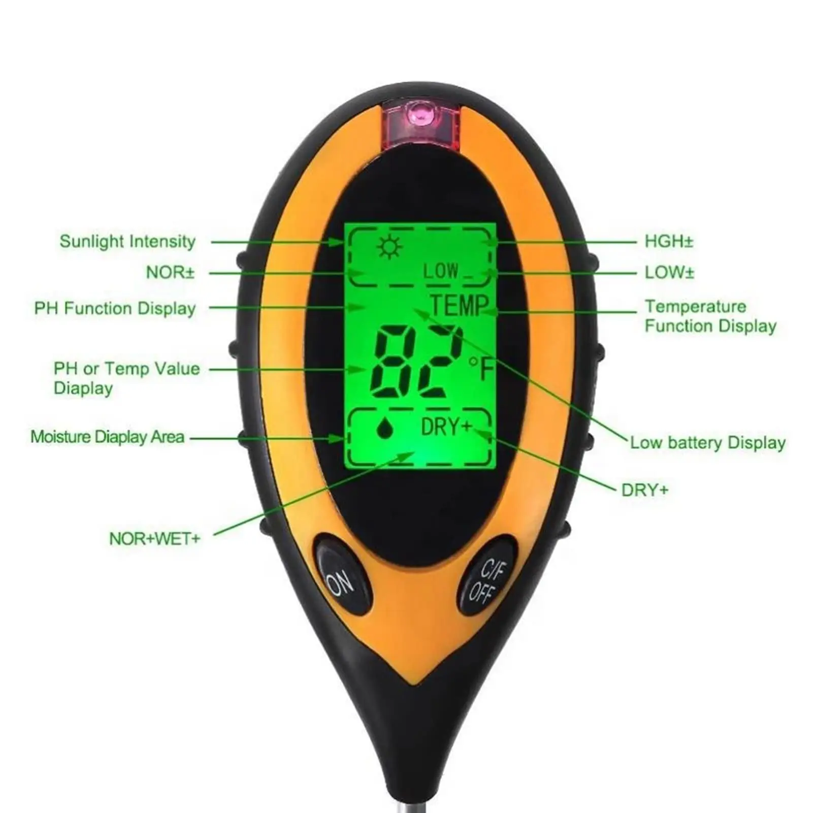 4-in-1 Soil Moisture Meter, Digital PH /Soil Moisture/Plant Temperature/Sunlight Intensity Analyzer, Soil Test Sensor Equipment