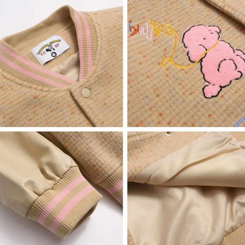 سترة فضفاضة غير رسمية متعددة الاستخدامات لخريف وشتاء 2025 للزوجين بتصميم كلاسيكي أمريكي لطيف على شكل كلب وردي مطرز بياقة واقفة