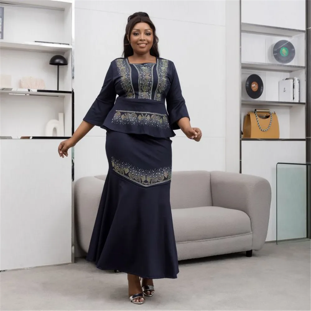 

Africa 2024 New Hot Diamond Temperament Commuter Long Dress Light Luxury Hot Diamond Dress Two-piece Set 2617