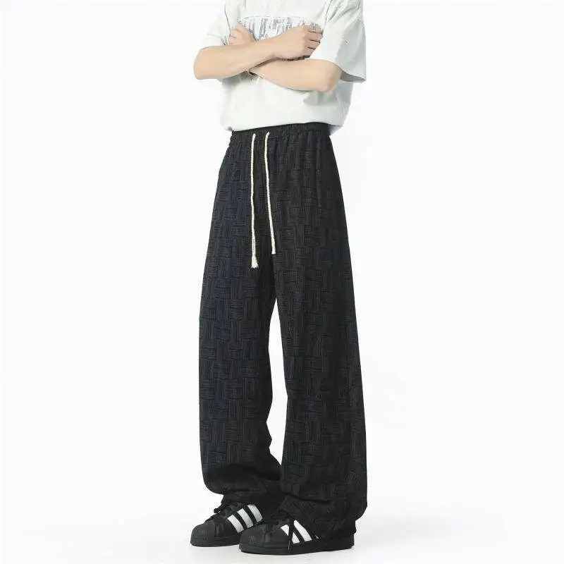 WTHT 트렌디 2025 여름 남성 플래드 드로잉 디자인 캐주얼 팬츠 패션 밴딩 하이웨이스트 루즈 와이드 레그 트라우저 남성 2A0941