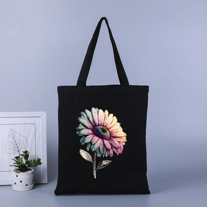 Daisies printed canvas shopping bag large capacity handbag tote bag student school bag