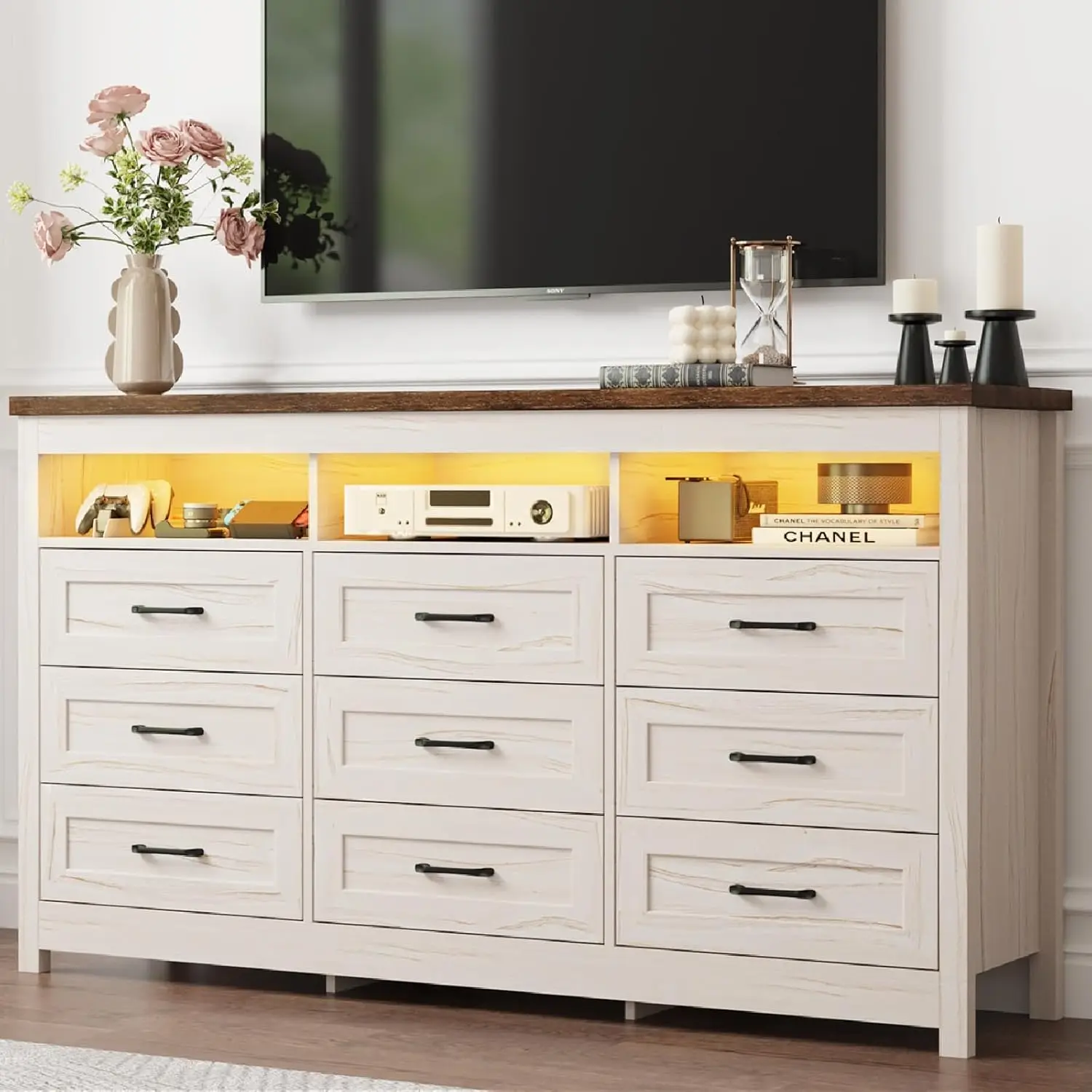 Beige Modern Wood 9 Drawer Dresser with LED Lights and Charging Station for Bedroom, Living Room and Hallway