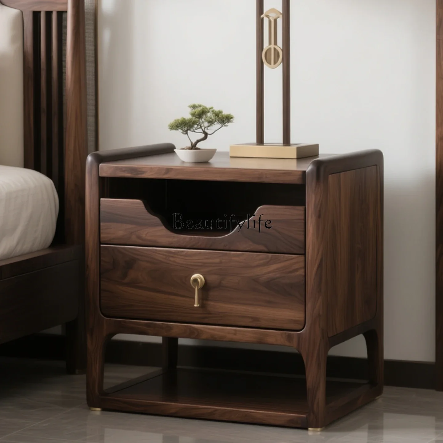 

FG40New Chinese style solid wood bedside table simple modern bedroom bedside rack black walnut