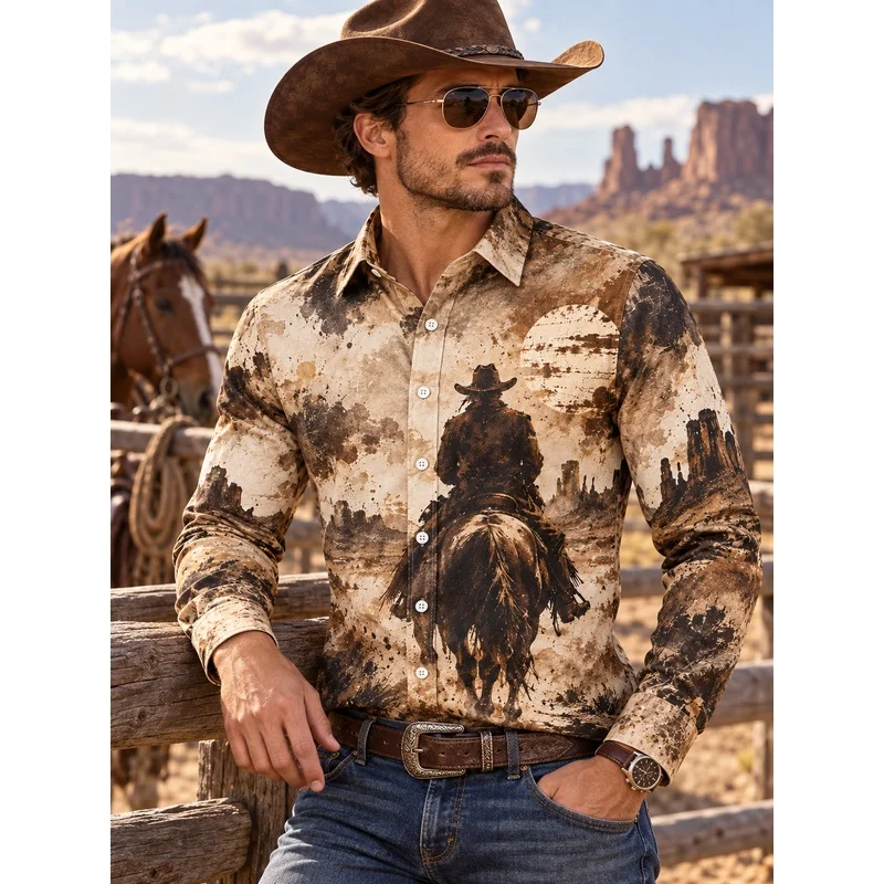 New Western Men'S Long-Sleeve Shirt, Desert Cowboy Style Printed Shirt, American Western Wilderness Style Trendy Men'S Wear, Wes