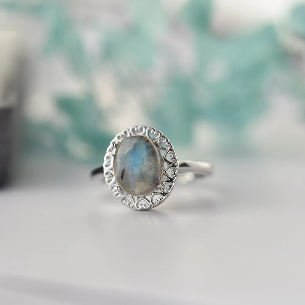 ITSMOS Delicate Open Heart Ring Genuine Labradorite Dainty Hollow Ring Spiritual Healing Stacking Ring Crystal Gift for Women