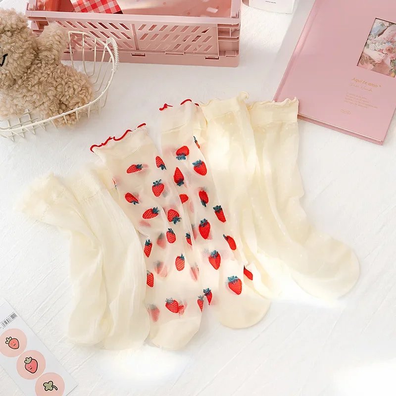 Summer Transparent Tube Socks Strawberry Lolita Style Lace Socks Female Japanese Cute Breathable INS College Style Hosiery