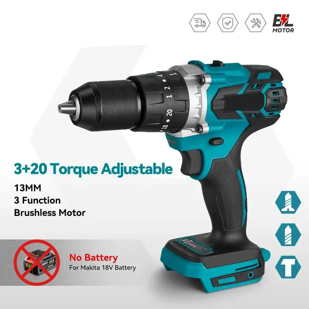 Brushless 3-IN-1 Cordless Impact Drill 480 N.M 20+3 Torque Electric Screwdriver Rotary Tool Compatible Makita 18V Battery