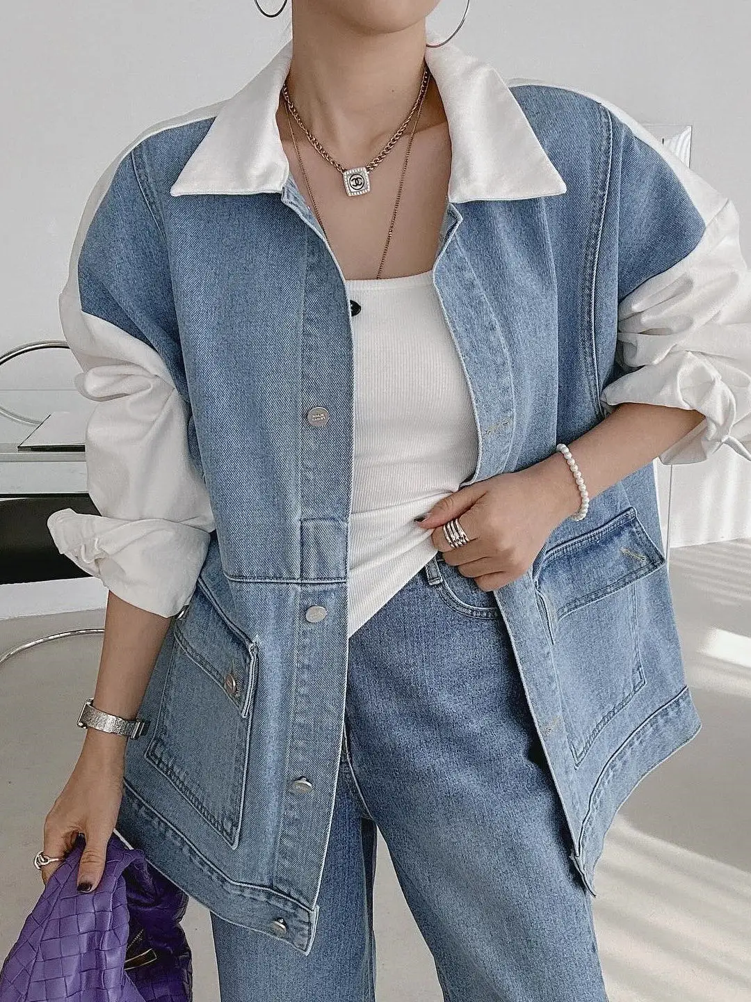 Retro Hong Kong Sle Women's Loose Long Denim Jaet Color Blo Workwear Sle Coat Chic Korean Faion Button Closure