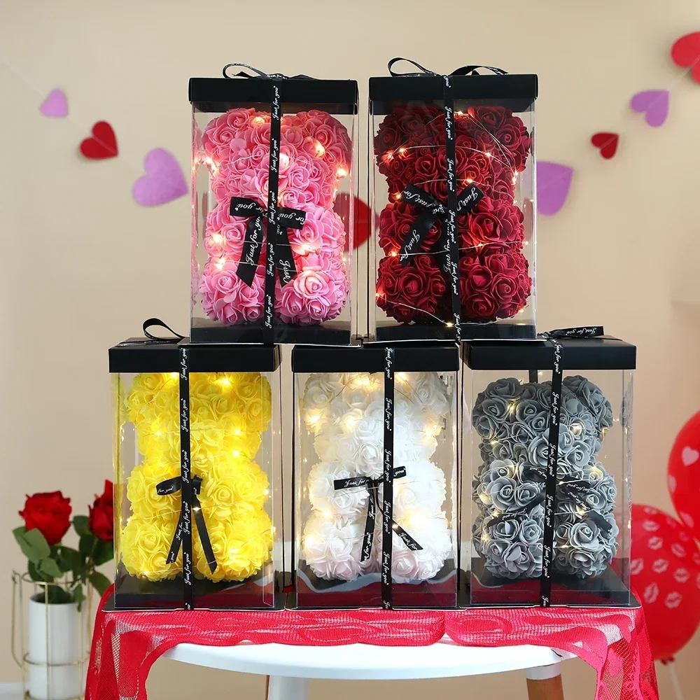 Valentijnsdag Kunstmatige Teddy Rose Bloem Beer met Doos Romantisch Cadeau Vriendin Vrouwen Moeder Verjaardag Bruiloft Deco 25cm