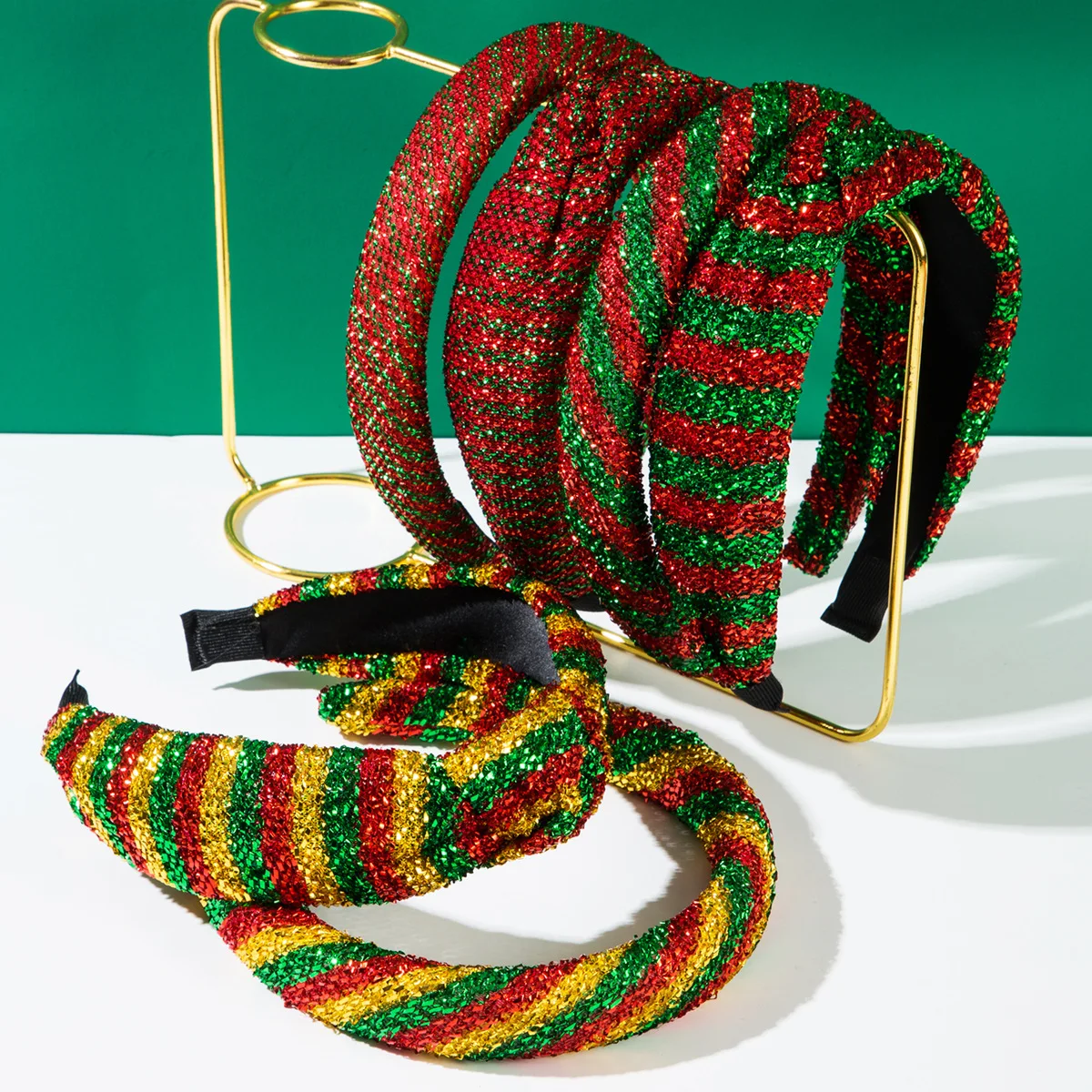 

Shiny Glitter Red Green Striped Twisted Headband Holiday Party Festive Hair Accessories Statement Padded Headpiece For Women