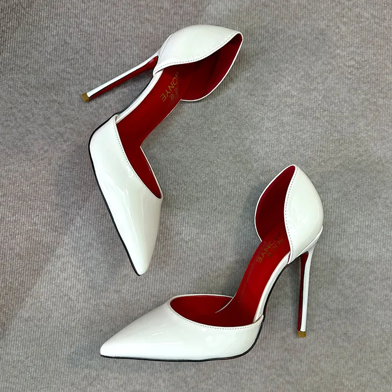 Yuejinlong Stiletto High Heels Patent Leather Hollow Pointed Shallow Mouth Large Size Women's Shoes Workplace Commuting Pumps