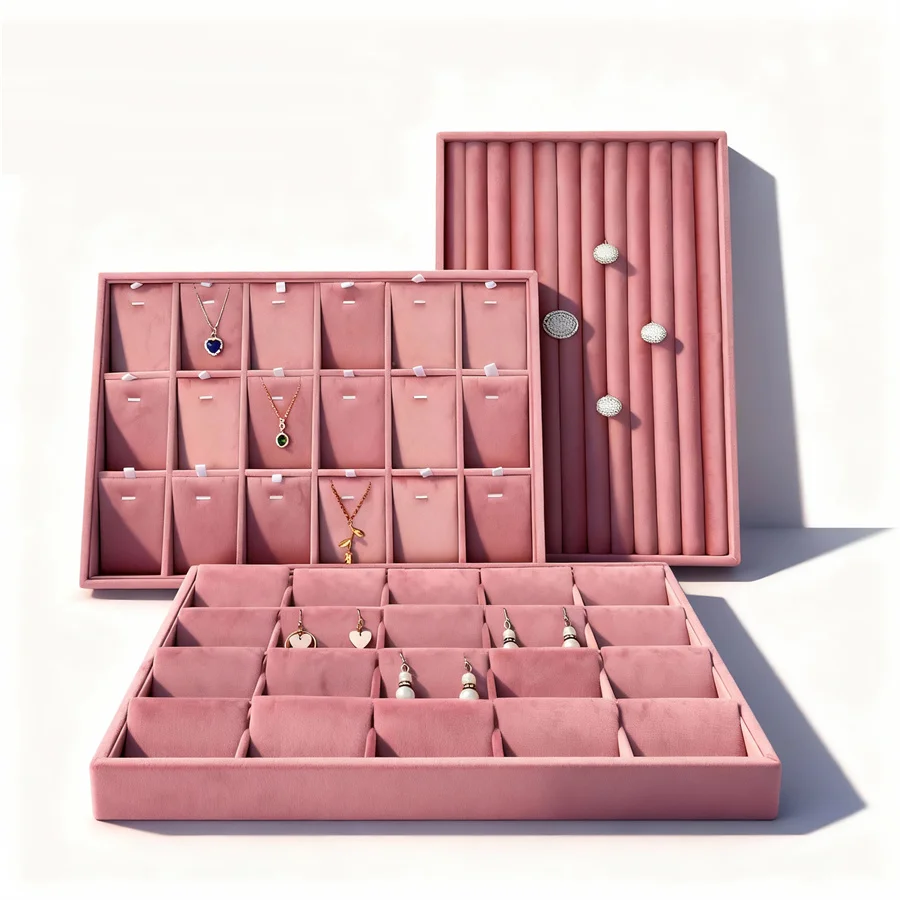 

Pink Velvet Necklace Pendant Ring Earring Plate, Various Size Checkered Plates, Empty Plates