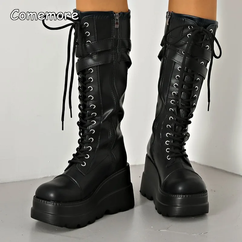 

Belt Buckles Wedge Heel Motorcycle Boots Women New Platform Shoes Black Size 35-42 Chunky Punk Style Mid-Calf Boots for Women