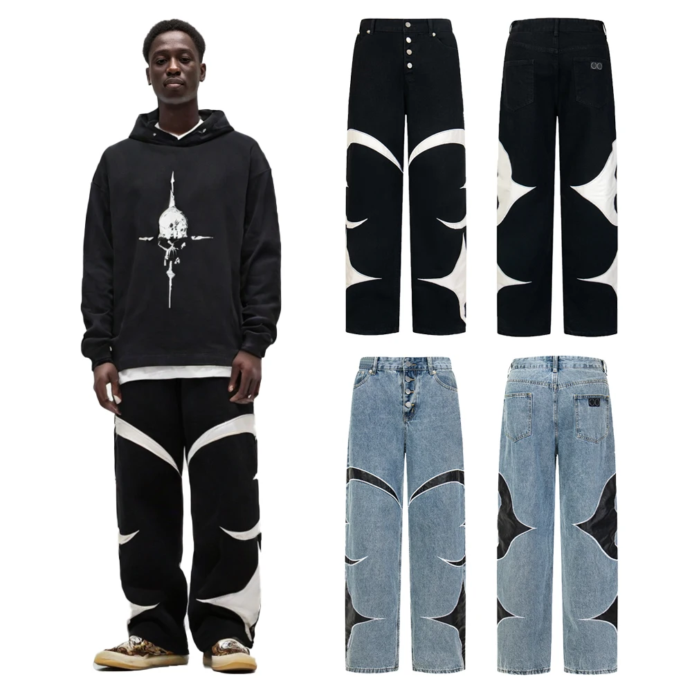 

Streetwear Baggy Jeans with Start Leather Embroidery Hiphop Street Style Clothing Cotton Casual Baggy Straight Trousers for Mens