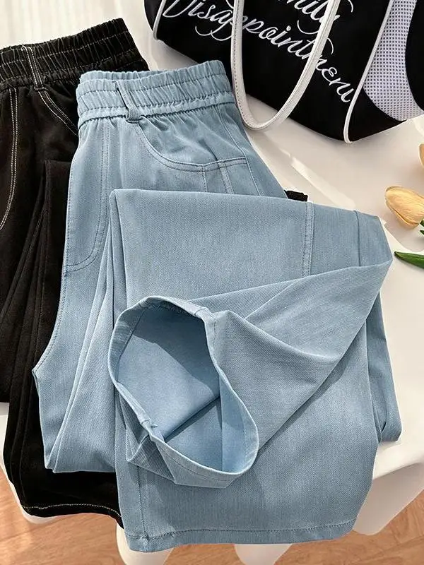 Calças Jeans de Perna Larga Estilo Americano para Mulheres, Casuais, Finas, Soltas, de Cintura Alta, para Primavera e Verão