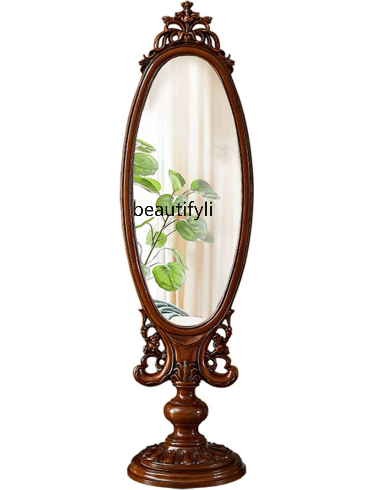 European-Style Dressing Mirror Pure Solid Wood Full-Length Mirror Living Room American Retro Floor Mirror Double-Sided