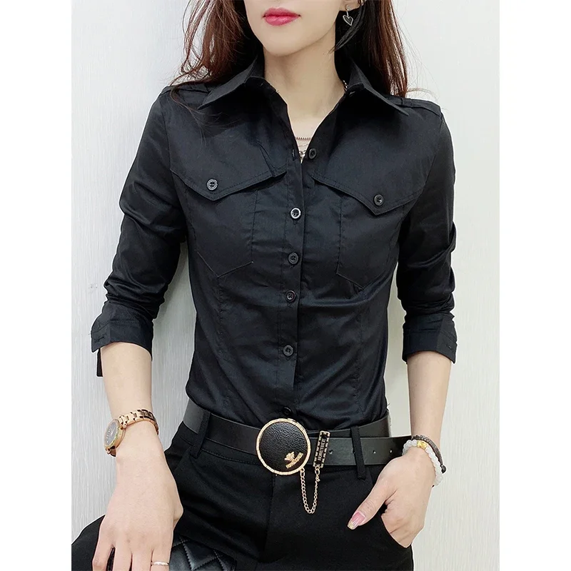 2024 New Fall Winter European Clothes Shirts Office Lady Pockets Blouses Fashion Sexy Button Up Women\'s Long Sleeve Tops V1695