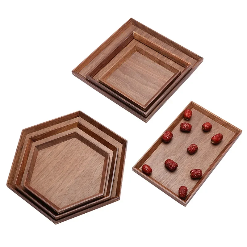 Natural Black Walnut Solid Wood Rectangular Hexagon Wooden Japanese Tableware Household Fruit Tray Wooden Tea Tray Hot