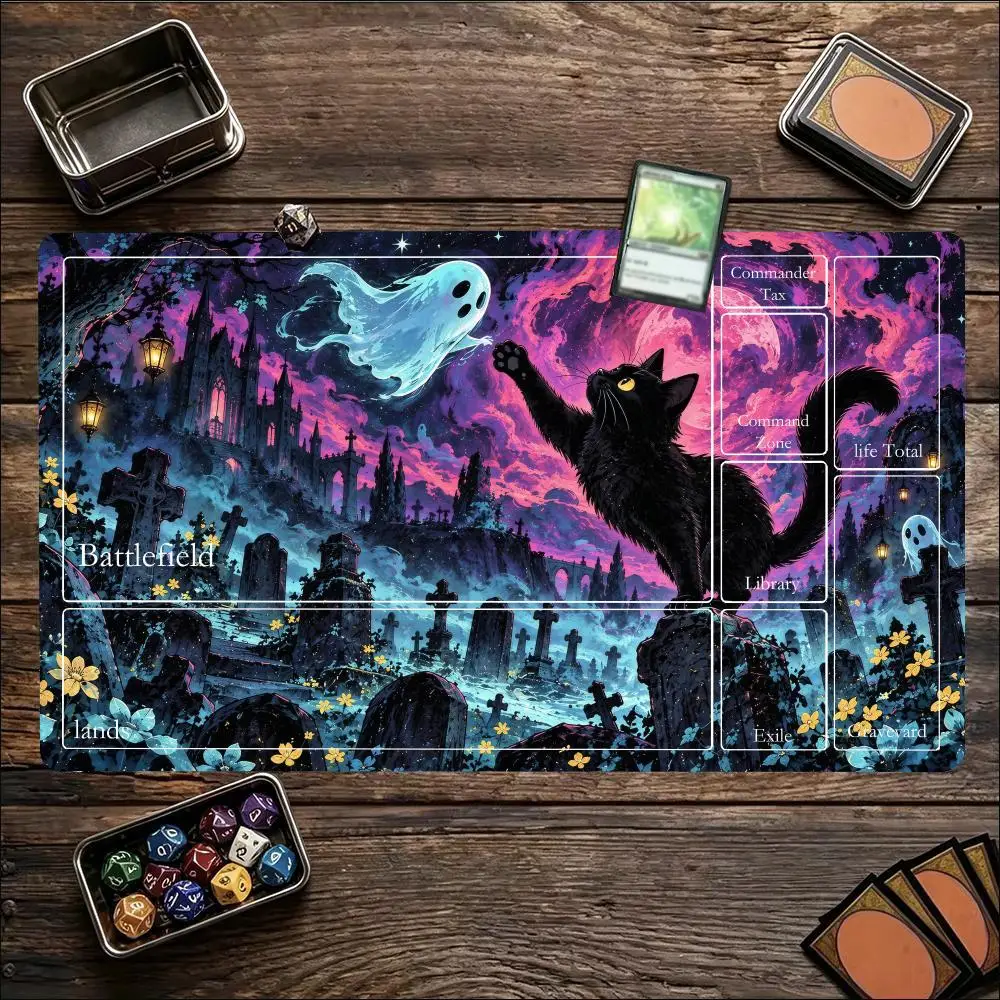 Black Cat Ghost MTG Trading Card Game Playmat With Zone TCG CCG Play Mat 600X350 Non-Slip Durable Stitched Edge Magic Card Mats