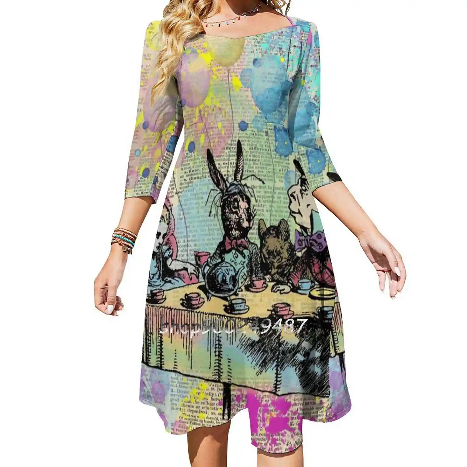 Tea Party Celebration-Alice In Square Neck Dress Cute Loose Print Dresses Elegant Beach Party Dress Alice In Tea Party Lewis